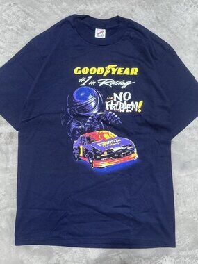 Vintage Goodyear NASCAR Racing Tee Navy L #1 in Racing No Problem Jerzees